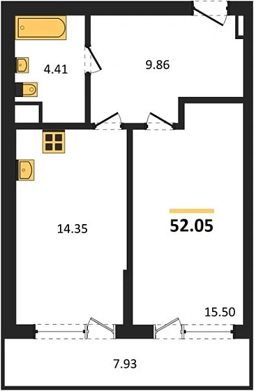 Апартаменты 1-комн. 52.05 кв. м