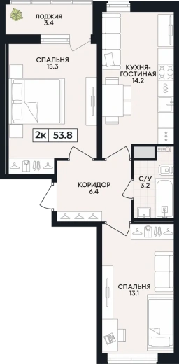 Квартира 2-комн. 53.8 кв. м