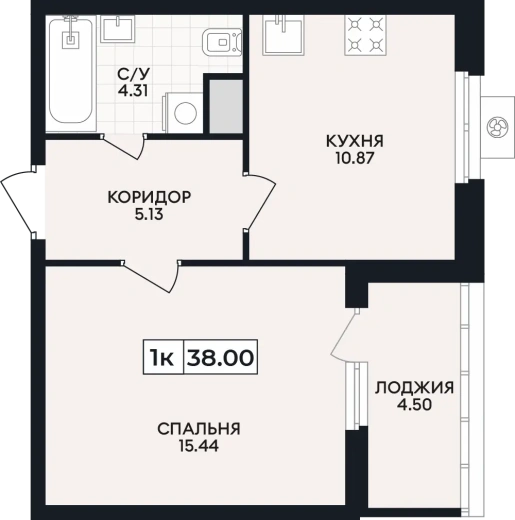Квартира 1-комн. 38 кв. м