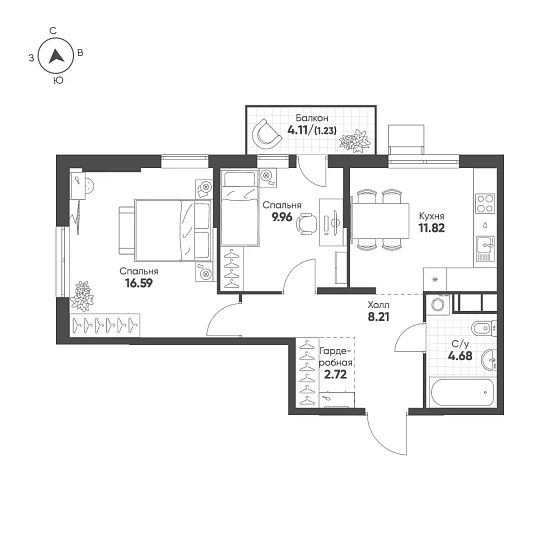 Квартира 2-комн. 55.21 кв. м