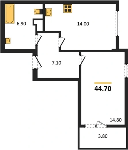 Квартира 1-комн. 44.7 кв. м