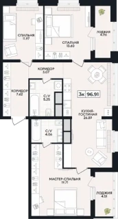 Квартира 3-комн. 96.91 кв. м