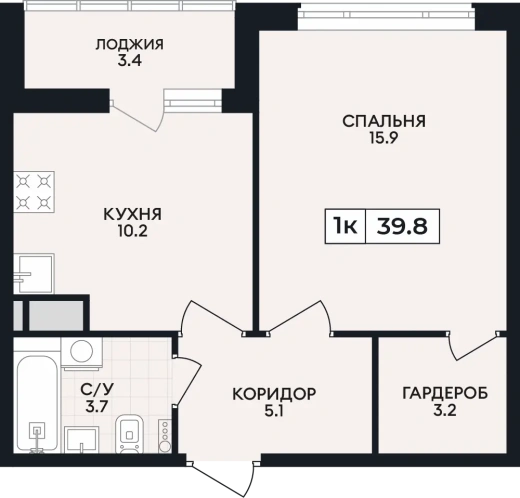 Квартира 1-комн. 39.8 кв. м