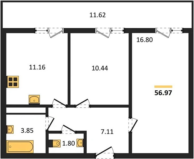 Квартира 2-комн. 56.97 кв. м