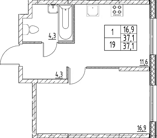 Квартира 1-комн. 37.1 кв. м