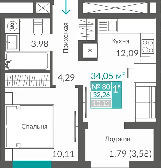 Квартира 1-комн. 32.26 кв.м