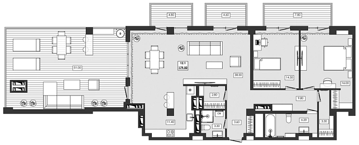 Апартаменты 3-комн. 179.5 кв. м