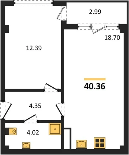 Квартира 1-комн. 40.36 кв. м
