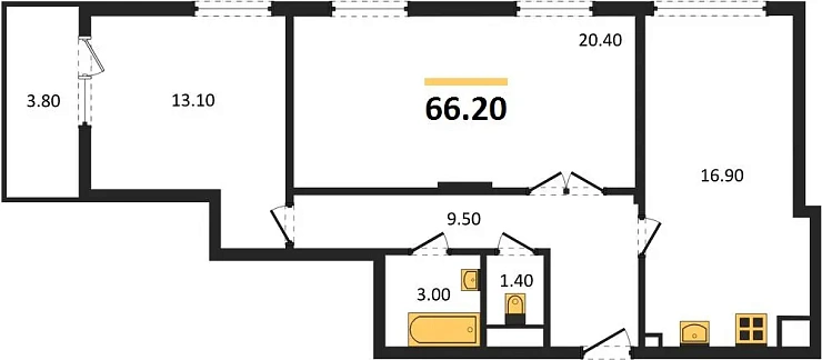 Квартира 2-комн. 66.2 кв. м