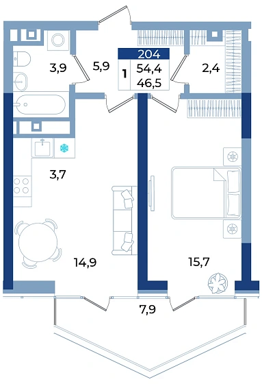 Апартаменты 1-комн. 54.4 кв.м