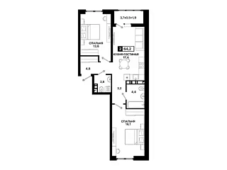 Квартира 1-комн. 43 кв. м