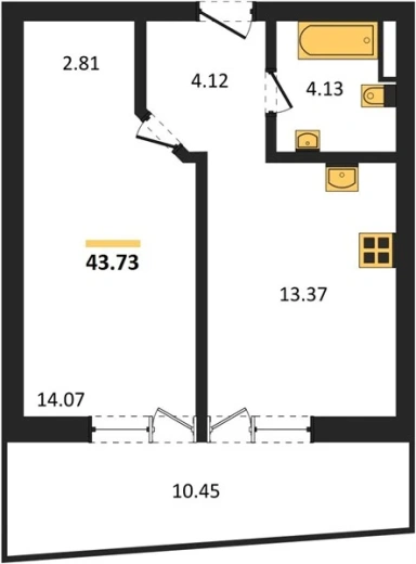 Квартира 1-комн. 43.73 кв. м
