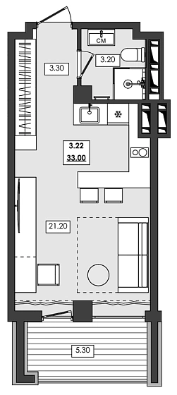 Апартаменты 1-комн. 33 кв. м