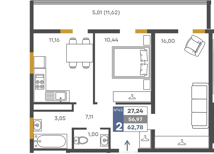 Квартира 2-комн. 56.97 кв. м