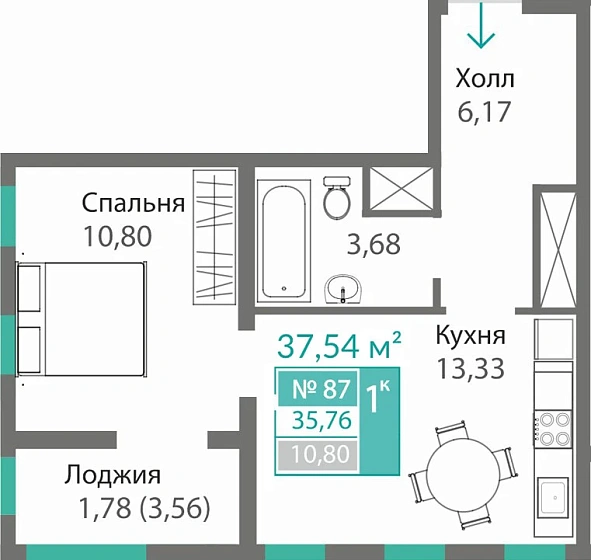 Квартира 1-комн. 35.76 кв.м