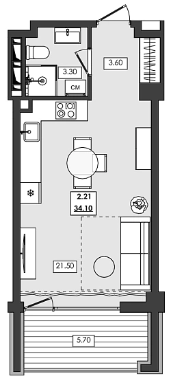 Апартаменты 1-комн. 34.1 кв. м