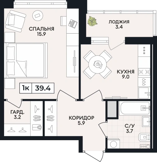 Квартира 1-комн. 39.4 кв. м