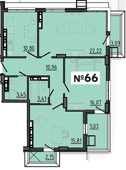 Квартира 3-комн. 85.8 кв. м