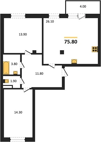 Квартира 2-комн. 75.8 кв. м