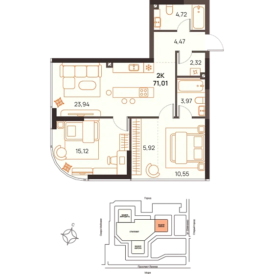 Квартира 2-комн. 71.01 кв. м
