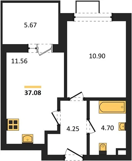 Квартира 1-комн. 37.08 кв. м