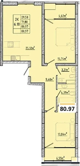 Квартира 2-комн. 80.97 кв. м