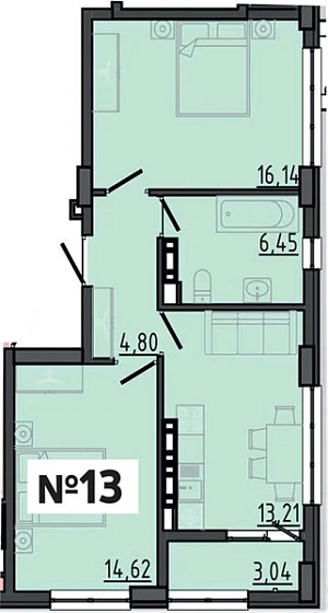 Квартира 2-комн. 56.74 кв. м