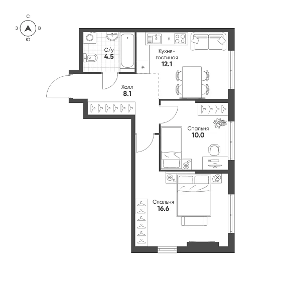 Квартира 2-комн. 51.3 кв. м
