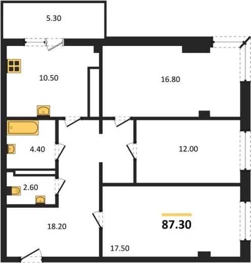 Квартира 3-комн. 87.3 кв. м