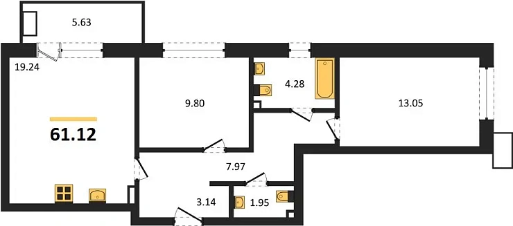 Квартира 2-комн. 61.12 кв. м