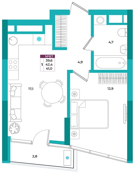 Квартира 1-комн. 41 кв.м