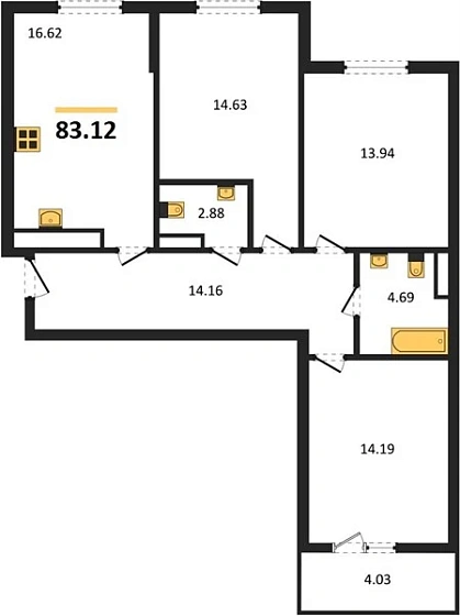 Квартира 3-комн. 83.12 кв. м