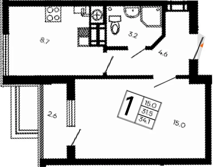 Квартира 1-комн. 34.1 кв. м