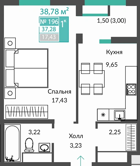 Квартира 1-комн. 37.28 кв.м