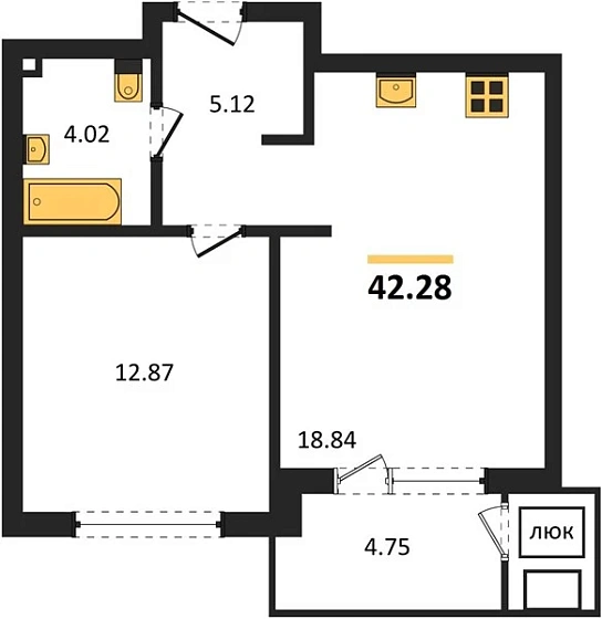 Квартира 1-комн. 42.28 кв. м