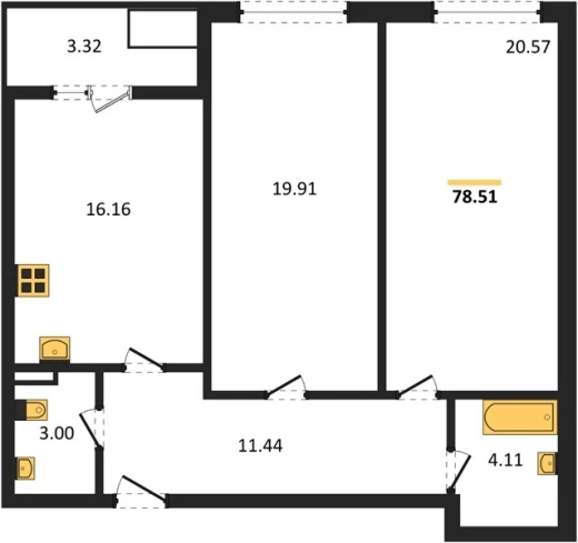 Квартира 2-комн. 78.51 кв. м