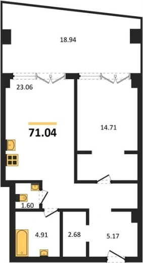 Апартаменты 1-комн. 71.1 кв. м