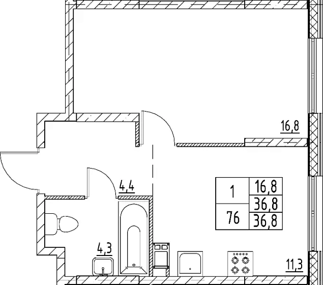 Квартира 1-комн. 36.8 кв. м