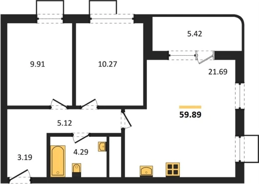 Квартира 2-комн. 59.89 кв. м