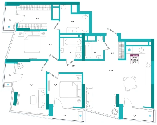 Квартира 3-комн. 102.2 кв.м