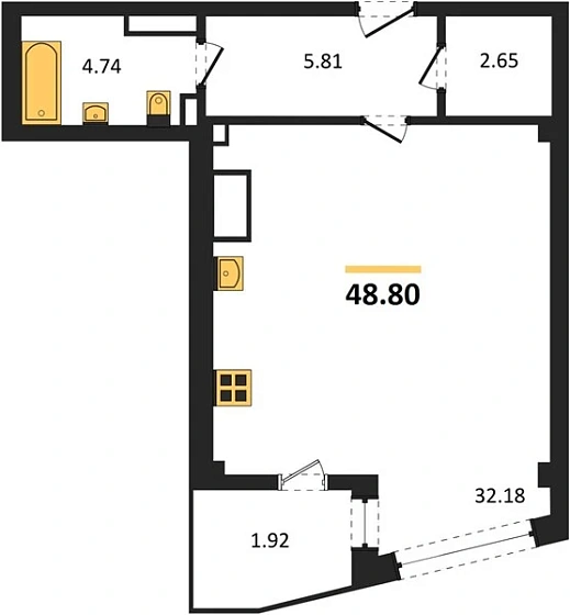 Апартаменты 1-комн. 48.8 кв. м