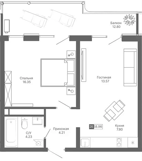 Апартаменты 1-комн. 58.96 кв. м