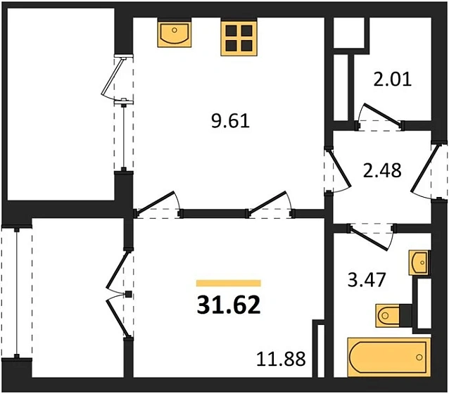 Квартира 1-комн. 31.62 кв. м