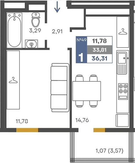 Квартира 1-комн. 33.81 кв. м