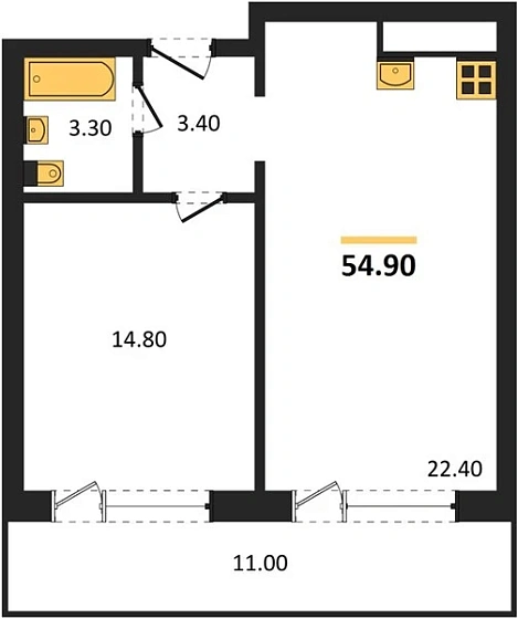 Апартаменты 1-комн. 54.9 кв. м
