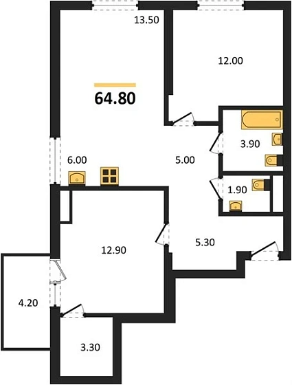 Квартира 2-комн. 64.8 кв. м
