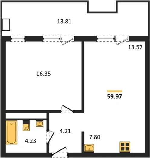 Апартаменты 1-комн. 59.97 кв. м