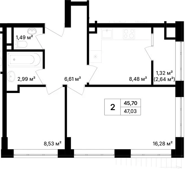 Квартира 2-комн. 47.03 кв. м