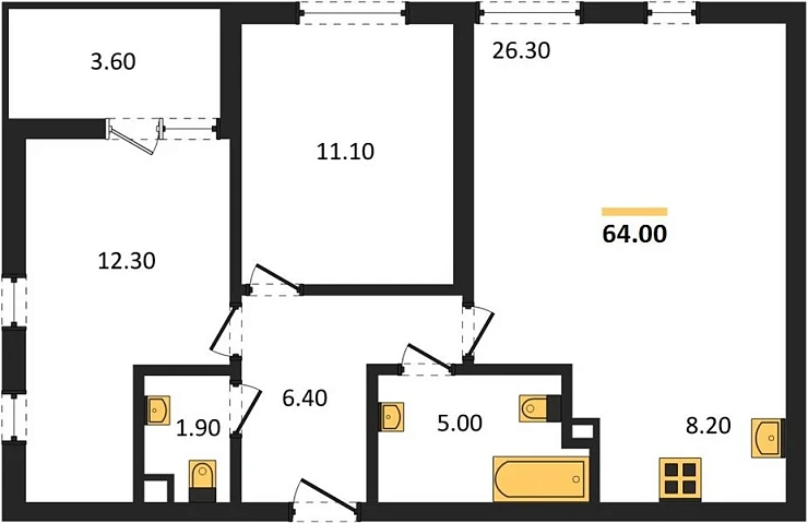 Квартира 2-комн. 64 кв. м