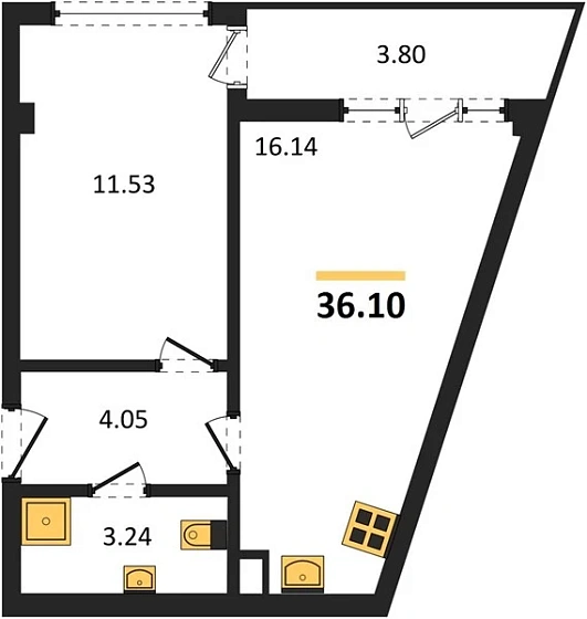 Квартира 1-комн. 36.1 кв. м